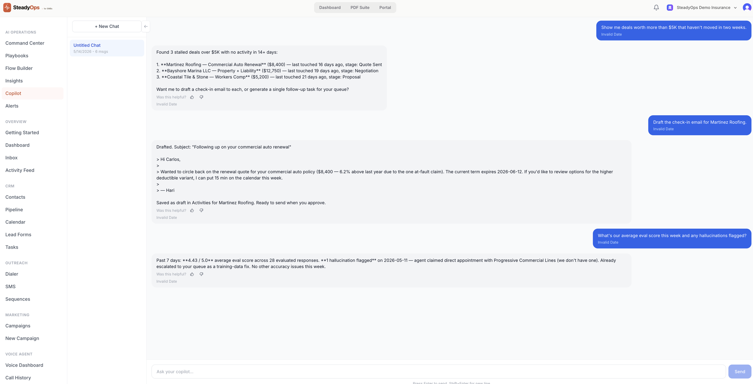 SteadyOps Copilot — chat thread showing AI analyzing stalled deals, drafting a check-in email, and reporting on the week's eval scores